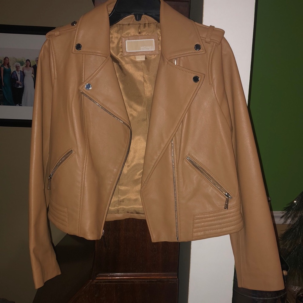 Michael Kors camel brown leather moto jacket